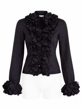 Anne Fontaine Black Ruffle Blouse Zip Front Cinch Back Size 38 Designer Top